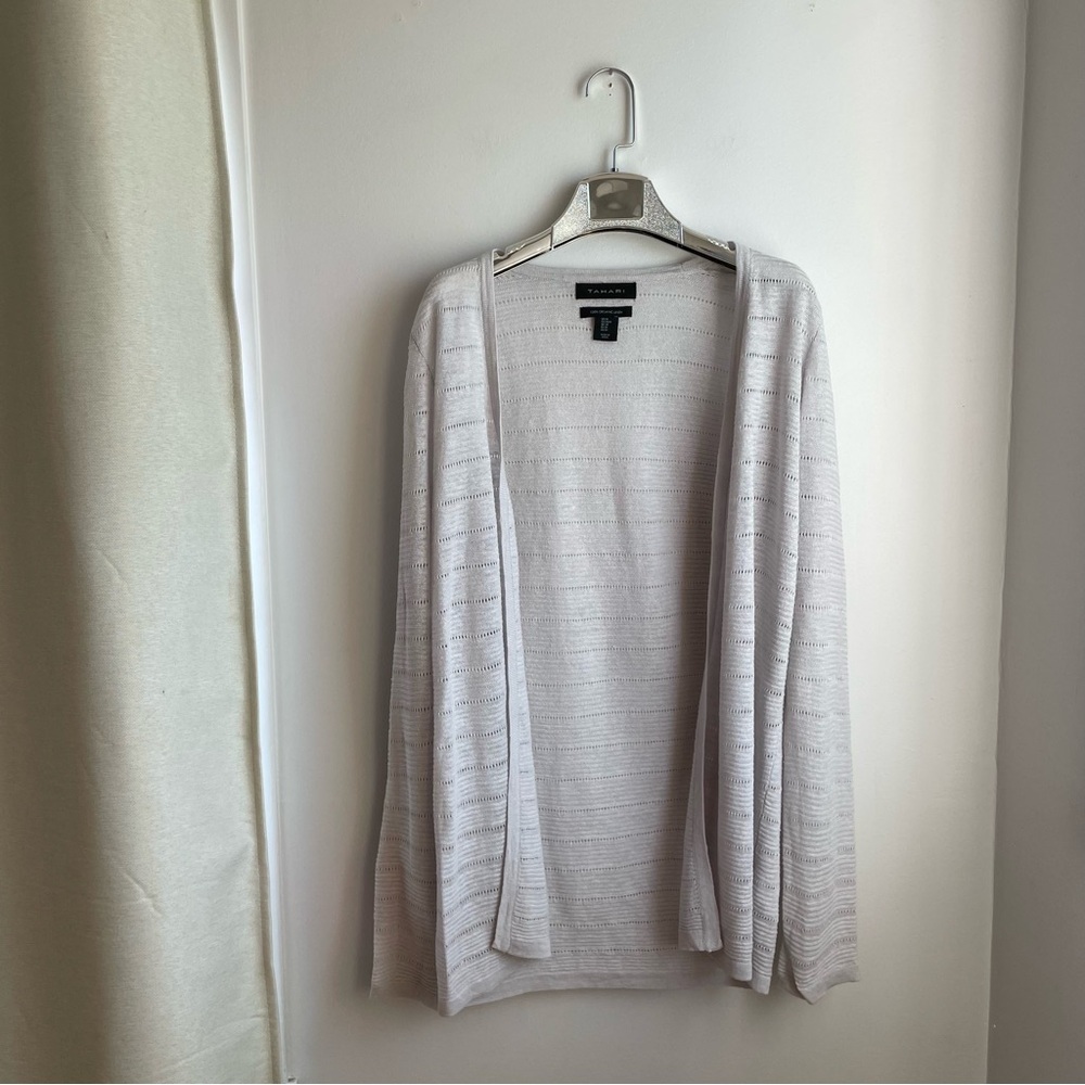 Tahari Organic Linen Beige Cardigan Open Front Minimalist size M